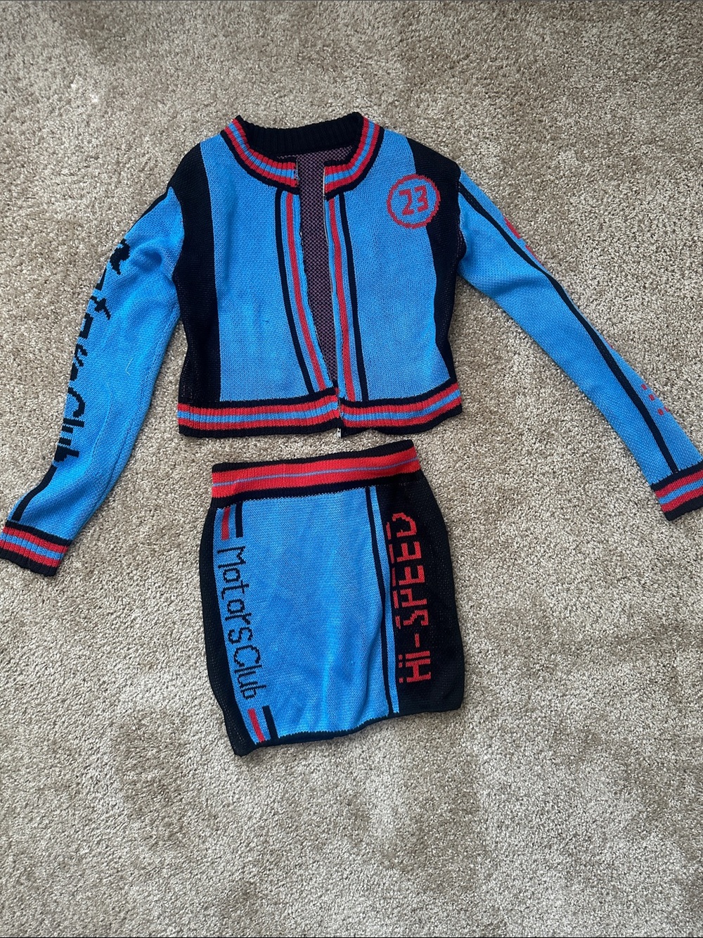 Blue & Black Knit Two-Piece Set with Red Trim